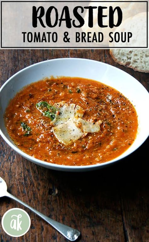 Roasted tomato and bread soup (pappa al pomodoro) — a late summer favorite! In this roasted tomato and bread soup, slow-roasting the tomatoes, onions, carrots and garlic concentrates all of the flavors, making any liquid but water unnecessary. If you leave out the parmesan, it's easily made vegan. It's super flavorful! #roasted #tomato #bread #soup #pappaalpomodoro Tomato Bread Soup, Soup With Bread, Red Pepper Pasta Sauce, Peasant Bread, Red Pepper Pasta, Bread Soup, Tomato Bread, Roasted Tomato Soup, Pepper Pasta