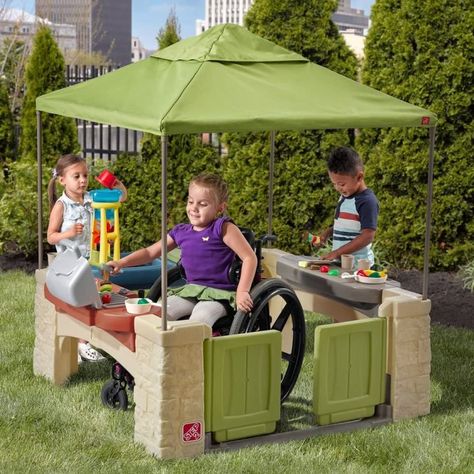 Kid Friendly Backyard, Kids Playhouse Outdoors, Outdoor Playhouse, Build A Playhouse, Sand And Water Table, Pretend Play Kitchen, Kitchen Grill, Playhouse Outdoor, Patio Canopy