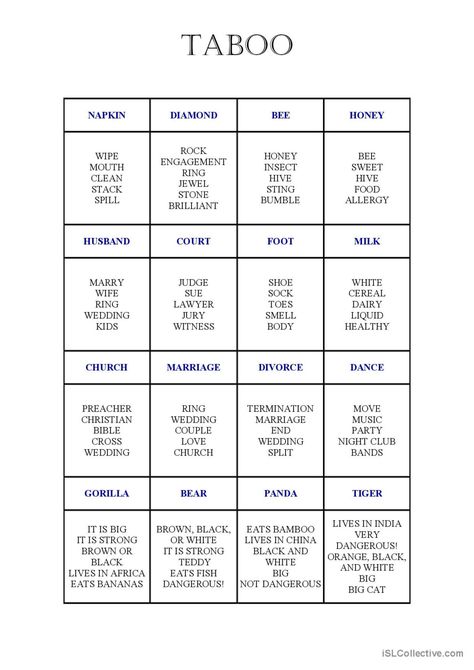 Taboo Card Game 2 warmer, filler…: English ESL worksheets pdf & doc Taboo Cards Printable, Card Games For Groups, Esl Vocabulary Games, Single Mingle, Taboo Cards, Taboo Words, Speaking Games, Preschool Charts, Taboo Game