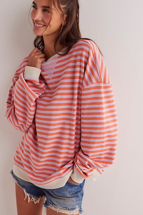 So cool and classic, this timeless crewneck is featured in an oversized, slouchy silhouette and staple striped print with contrasting hems for added dimension. **Fit:** Relaxed, oversized fit **Features:** Crew neckline, dropped shoulders, contrast hems **Why We | Classic Striped Oversized Crewneck by Free People in Pink, Size: M Pink Clover, People Clothes, Oversized Crewneck, Sweatshirt Short Sleeve, Fall Fashion Outfits, So Cool, Striped Sweater, Hoodie Top, Western Outfits