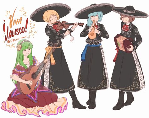 Prismriver Sisters Mariachi band! Female Mariachi Outfit, Prismriver Sisters, Mexican Oc, Mariachi Outfit, Mariachi Band, Mexican Fashion, Culture Clothing, Mexico Art, Black Anime Characters