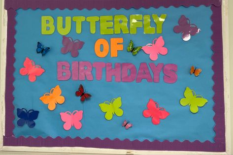 Spring Birthday Board Ideas, Butterfly Birthday Board For Classroom, Spring Birthday Boards Classroom, Butterfly Bulletin Board Ideas, Birthday Boards Classroom Preschool, Preschool Butterfly Theme, Butterfly Classroom Theme, Spring Bulletin Boards Preschool, Butterfly Classroom