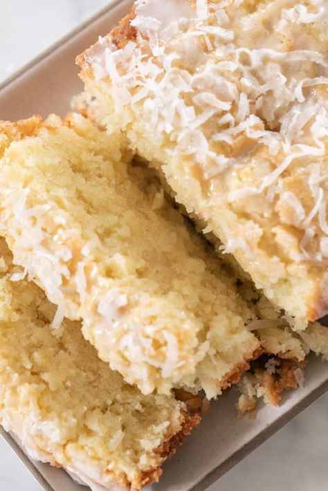 This coconut loaf cake is full of buttery, coconut flavor! It's easy to make and has a 3 ingredient homemade coconut glaze poured over the top. The perfect recipe for spring!  #coconutcake @coconut #cake #recipe #spring #brunch #loaf #loafcake Summer Bakes, Coconut Pound Cake, Coconut Glaze, Coconut Pound Cakes, Divas Can Cook, Coconut Cake Recipe, Loaf Cakes, Holiday Desserts Table, Cake Wraps