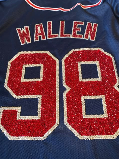 Morgan Wallen 98 Braves Rhinestone Jersey!   Sizes Small, XL and  2XL available Morgan Wallen Merch, Morgan Wallen Jersey, Rhinestone Jersey, 98 Braves, Zach Bryan Quotes, Braves Jersey, Braves Shirts, Best Country Singers, Country Music Concerts