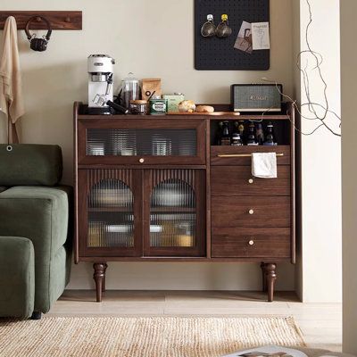 Complete storage capacity, upper, middle and lower three storage areas, clear functional zoning, no matter how many items are not afraid of chaos. | DineElegance.r Household large capacity solid wood sideboard. Brown, Solid + Manufactured Wood;Glass | BZTE1149 | Wayfair Canada Bar Cabinet In Living Room, Tea Station Ideas, Reno Furniture, Mid Century Hutch, Bar Sideboard, Bar Cupboard, Modern Sideboard Buffet, Kitchen Wine Rack, Solid Wood Sideboard