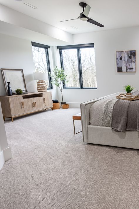 Mohawk Carpet Pattern, Primary Bedroom Carpet, Mohawk Smart Strand Carpet, Carpet With White Walls, Low Pile Carpet Bedroom, Bedrooms With Carpet Floor, Carpet Colors With White Walls, Carpet In Bedroom Ideas, Rug Over Carpet Bedroom