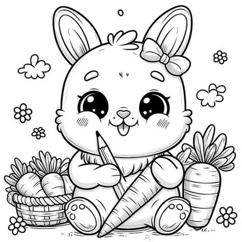 Rabbit Coloring, Rabbit Colors, Drawing Lessons For Kids, Fairy Coloring Pages, Easter Coloring Pages, Easy Coloring Pages, Rabbit Cartoon, Disney Coloring Pages, Flower Coloring Pages