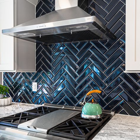 White Subway Tile Kitchen Backsplash With Navy Cabinets, Navy Blue Kitchen Cabinets Black Backsplash, Modern Navy Kitchen Backsplash, Blue Chevron Backsplash Kitchen White Cabinets, Black Herringbone Backsplash, Navy Blue Backsplash Kitchen Tilebar, Blue Herringbone Backsplash, White Cabinets Black Granite, Herringbone Kitchen Backsplash