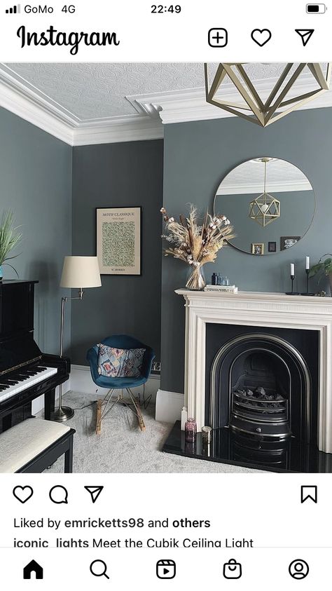 Dulux Heritage Forest Grey, Forest Grey Dulux Heritage, Blue Painted Walls Living Room, Dark Grey Feature Wall Living Room, Siting Room Ideas, Sitting Room Colour Ideas, Lounge Colour Ideas, Dark Blue Feature Wall Living Room, Grey Blue Living Room