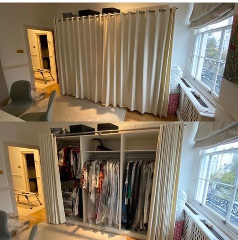 Curtain Wardrobe Doors, Bathroom Curtains Ideas, Curtain Wardrobe, Small Dressing Rooms, Floor To Ceiling Curtains, Corner Curtains, Modern Dressing Room, Bathroom Window Curtains, Closet Curtains