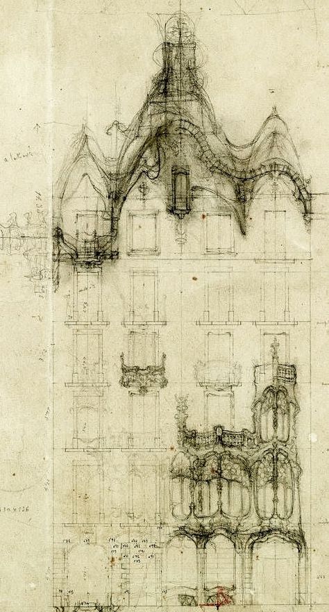 Dream House Sketch, Gaudi Art, Gaudi Buildings, Gaudi Architecture, Gaudi Barcelona, Antonio Gaudí, Casa Batlló, Building Drawing, House Sketch