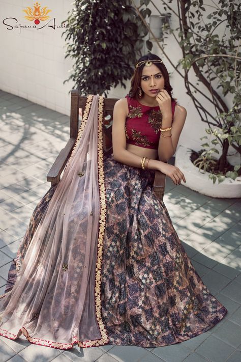 Maroon Crop Top And Printed Lehenga Ethnic Crop Top, Maroon Crop Top, Raw Silk Blouse, Cultural Fashion, Printed Lehenga, Raw Silk Lehenga, Floral Lehenga, Maroon Blouse, Designer Salwar