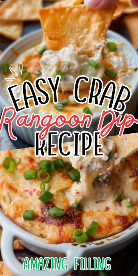 Easy Crab Rangoon Dip—a creamy, indulgent dip inspired by the flavors of everyone's favorite Chinese takeout appetizer. Imagine smooth cream cheese blended with tender crab meat, green onions, and savory seasonings, all baked to golden perfection and served with crispy wonton chips for dipping. Crafting Crab Rangoon Salad, Easy Crab Rangoon Dip, Imation Crab Recipes Easy, Crab Ragoons Recipe Dip, Crab Dip Recipe Easy, Easy Crab Rangoon Recipe, Easy Crab Dip, Crab Dips, Crab Rangoon Dip Recipe