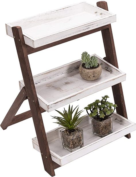 MyGift Burnt Brown Wood and Vintage White 3 Tier Shelf Stand, Freestanding Wooden Ladder Shelf, Retail Display Stand : Home & Kitchen Wood Display Shelves, Wooden Ladder Shelf, Tea Display, Shelf Stand, Ladder Storage, Indoor Flower Pots, Wood Easel, Wooden Plant Stands, Wood Plant Stand