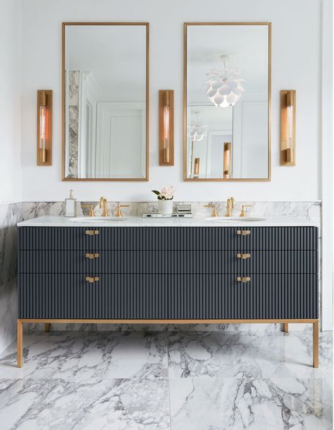 See How A European Vacation Inspired This Family's Dream Home - House & Home Mirror And Sconces, Bathroom Vanity Designs, Blue Vanity, Gray Vanity, Vanity Design, Glass Vanity, Stylish Bathroom, Grey Bathrooms, Elegant Bathroom