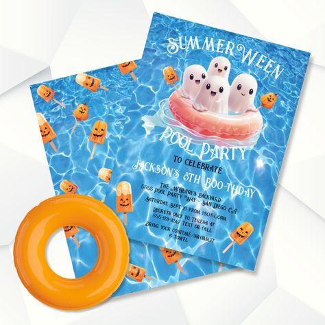 SummerWeen Halloween Pool Birthday Party Ghosts Invitation Halloween Party Pool Decor, Summerween Birthday Party Ideas, Spooky Summer Party, Summerween Party Decorations, Halloween Pool Party, Summerween Pool Party, Swim Party, Pool Birthday, Pool Birthday Party