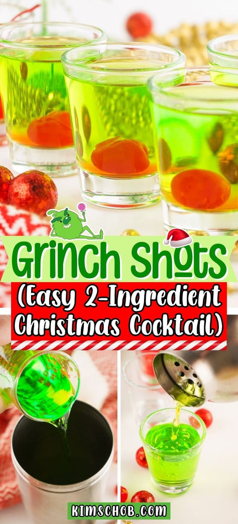 Three green shots with a red cherry garnish are labeled as "Grinch Shots," showcasing an easy, festive 2-ingredient Christmas cocktail. 3 Ingredient Holiday Cocktails, Grinch Adult Drink, Christmas Themed Mixed Drinks, 2 Ingredient Christmas Cocktail, 3 Ingredient Christmas Cocktails, Easy Christmas Shots Recipes, Grinch Shots Christmas Drinks, Grinch Drinks For Adults, Grinch Cocktails Drink Recipes