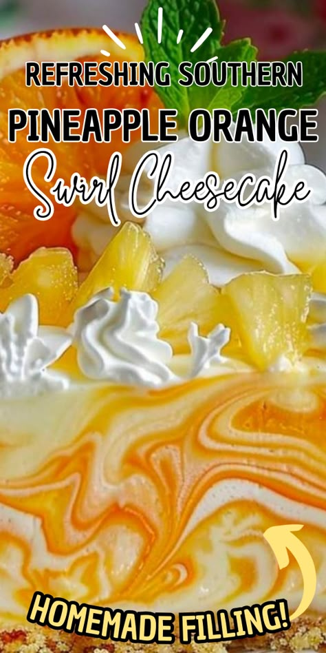 Refreshing Southern Pineapple Orange Swirl Cheesecake Southern Pineapple Orange Cheesecake, Pineapple Cheesecake Fruit Bowl, Pineapple Orange Cheesecake, Orange Pineapple Swirl Cheesecake, Pineapple Fruit Cake Recipe, No-bake Orange Pineapple Swirl Cheesecake Recipe, No Bake Orange Pineapple Cheesecake, Southern Pineapple Orange Swirl Cheesecake, Fluff Deserts