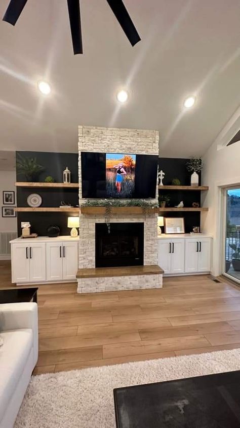 Basement Tv Wall Ideas Built Ins, Living Room Gas Fireplace With Tv, Built In Shelf Decor, Chimney Ideas, Fireplace With Tv, Winchester House, Basement Decoration, Woodburning Stove, Built In Electric Fireplace