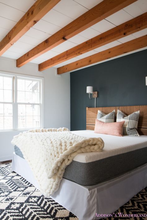 A Peek Inside Our Cabin’s Master Bedroom Makeover w/ Serena & Lily! Bedroom Makeover Before And After, White Cabin, Small Bedroom Remodel, Bedroom Makeovers, Cabin Bedroom, Serena Lily, Wood Beam Ceiling, Wood Ceiling, Attic Remodel