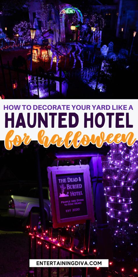 This Halloween haunted hotel is an awesome outdoor Halloween yard haunt! Great ideas for outdoor Halloween decorations, Halloween lighting or even Halloween party decor. Diy Halloween Fence, Halloween Yard Haunt, Inexpensive Halloween Costumes, Hotel Theme, Theme Halloween Party, Halloween Lighting, Outdoor Halloween Decorations, Yard Haunt, Haunted Hotel