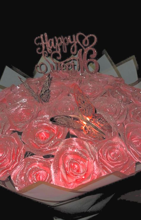 MADE TO ORDER 30 glitter rose shown in image Colour: glitter pink add ons: Sweet 16 topper Happy birthday banner 2 rose gold butterflies Sweet 16 Topper, Rose Pink Bouquet, Happy Birthday Rose, Luxury Flower Bouquets, Rose Gold Butterfly, Eternal Rose, Pink Rose Bouquet, Glitter Birthday, Glitter Roses