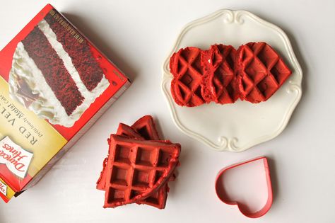 1 cup flour 1½ cup red velvet cake mix (I used Duncan Hines) 1 cup milk ¼ cup oil 2 eggs  1.	Preheat waffle iron. 2.	Add all ingredients to your mixing bowl. 3.	Mix for 2 minutes. Batter will have a few lumps. 4.	Using ½ measuring cup pour mixture into waffle iron. 5.	Cook according to waffle iron directions. Mine Belgium Waffle iron takes 3 minutes to cook waffles. Waffle Cake Mix Recipe, Red Velvet Breakfast, Red Velvet Waffles Easy, Red Velvet Waffles Recipe Cake Mixes, Red Velvet Waffles Recipe, Red Velvet Cake Mix Recipes, Waffle Creations, Cake Batter Waffles, Cake Mix Waffles