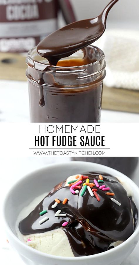 Hot fudge recipe by The Toasty Kitchen. Homemade hot fudge is made with simple pantry ingredients and takes less than 10 minutes of cooking on the stovetop. Rich, fudgy, and thick, this hot fudge makes the perfect ice cream topping! It can also be used in any recipe that calls for hot fudge as an ingredient. #hotfudge #cocoapowder #icecreamtopping #hotfudgerecipe #recipe #chocolate #icecream #fudge #sauce #recipe #homemade Homemade Hot Fudge Sauce, Hot Fudge Sauce Recipe, Fudge Sauce Recipe, Homemade Hot Fudge, Chocolate Fudge Sauce, Hot Fudge Sauce, Fudge Sauce, Ice Cream Toppings, Dessert Sauces