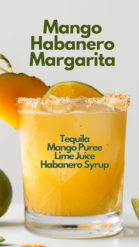 Mango Habanero Margarita Mango Habanero Margarita, Yellow Cocktails, Mango Cocktails, Habanero Margarita, Margarita Flavors, Tequila Drinks Easy, Booze Board, Classic Tequila Cocktails, Mango Margarita Recipe