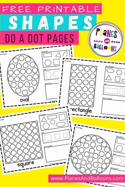 Do A Dot Shapes Printables - Planes & Balloons Lowercase Letters Practice, Dot Marker Printables, Shape Worksheets For Preschool, Shape Activities Preschool, Dot Marker Activities, Teaching Shapes, Dots Free, Printable Shapes, Dot Worksheets