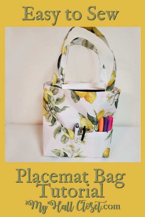 Easy to Sew Placemat Bag Tutorial Purses Made Out Of Placemats, Placemat Tote Bag Tutorial, Bags Made From Placemats, Placemat Crafts Sewing Projects, Placemat Bags Diy, Dollar Tree Placemat Crafts, Sew A Placemat, Walker Bag Tutorial, Placemat Crafts