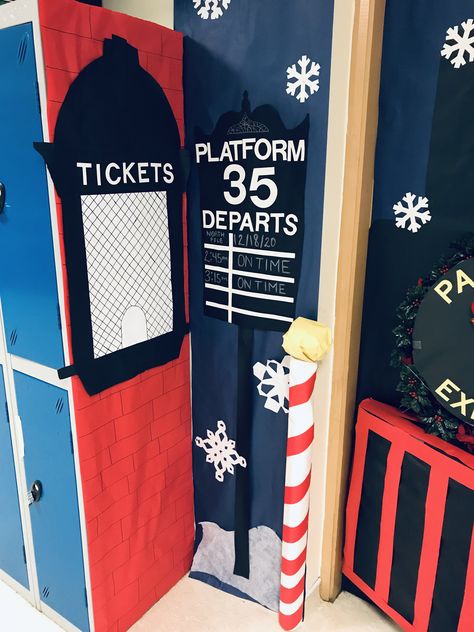 Christmas Door Decorations For School Polar Express, The Polar Express Door Decoration, Polar Express Office Theme, Polar Express Theme Decoration, Polar Express Cubicle Decor, Polar Express Theme Classroom, North Pole Classroom Door, Polar Express Diy Decorations, Polar Express Decorations Hallways