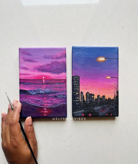 Seascape or Cityscape?💗 (shipping worldwide) Both available for sale. Acrylic paints on 4*6 inches stretched canvas. DM to buy. [acrylic painting, gouache, canvas, sea, beach, purple, aesthetic, sunset, nature] #acrylic #acrylicpainting #painting #canvaspainting #naturelovers #sunsets #city #artistsoninstagram Beach Sunset Aesthetic Painting, Beach Purple Aesthetic, Purple Aesthetic Sunset, Gouache Canvas, Boho Art Drawings, Painting Gouache, Aesthetic Sunset, Sunset Nature, Small Canvas Art