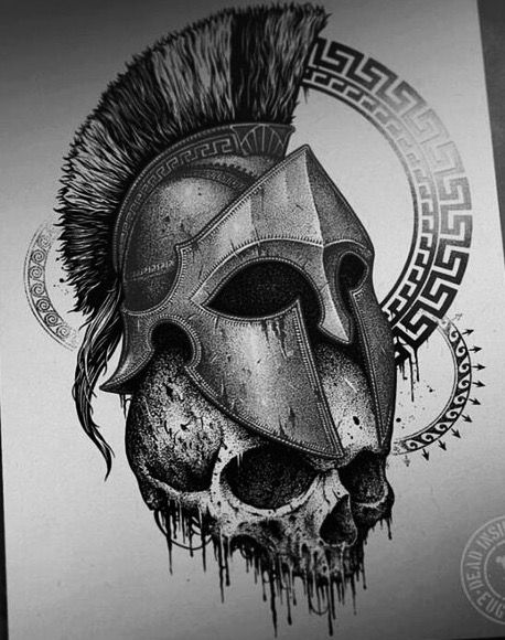 Worrier Tattoo Design, Spartan Helmet Tattoo, Sparta Tattoo, Chest Tattoo Stencils, Gladiator Tattoo, Helmet Tattoo, Skull Hand Tattoo, Skull Girl Tattoo, Spartan Tattoo