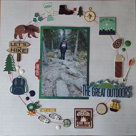 Hiking the Great Outdoors - Scrapbook.com Hiking Scrapbook, Camping Scrapbook, Scrap Journal, Travel Scrapbook Pages, Vacation Scrapbook, Craft Space, Scrapbook Layout Sketches, Scrapbook Titles, Kids Scrapbook