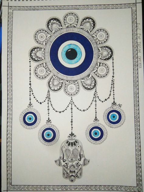 Evil Eye Mandala, Mandala Dream Catcher, Eye Mandala, Blue Sketch, Moon Sun Tattoo, Grunge Pictures, Mandala Art Lesson, Ink Artwork, Hand Of Fatima