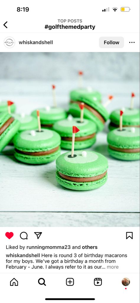 Putts Pearls And Polka Dots Golf, Golf Theme Party Desserts, Golf Macaron, Masters Party Food Ideas, Golf Party Drinks, Golf Dessert Table, Masters Party Golf, Golf Party Themed Food, Hole In One Dessert Table