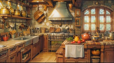 Medieval Kitchen Concept Art, Indoor Concept Art, Draw Room, Medieval Room, Dnd Backgrounds, Scene Illustration, Anime House, Kitchen Drawing, Concept Art Tutorial