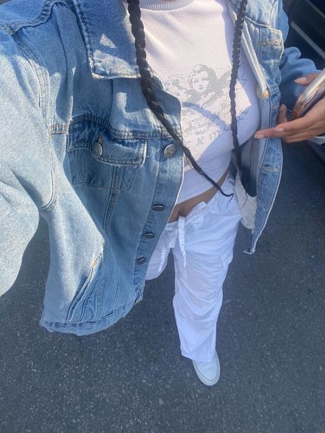 outfit inspo, summer outfit ideas, white parachute pants, cargo pants, denim jacket White Cargo Pants, White Air Forces, Oversized Denim Jacket, White Nikes, Cargo Pants, Jean Jacket, Parachute Pants, Denim Jacket, Summer Outfits