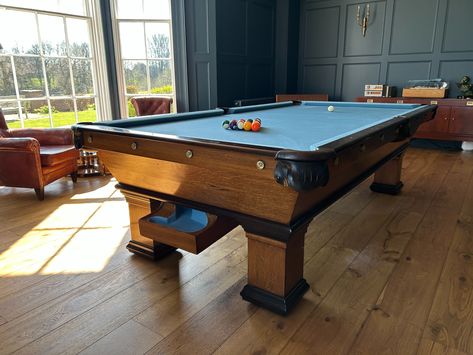 An antique American pool table with a blue cloth. Antique Pool Tables, Brunswick Pool Tables, American Pool Table, Pool Tables For Sale, Antique Billiards, Play Pool, Pool Tables, Billiards Pool, Pool Table