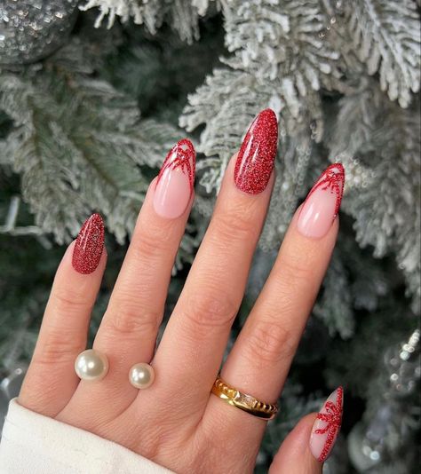 Red French Tip Acrylic Nails, Nails Red French Tip, Nails Red French, Nails Long Almond, Acrylic Nails Cute, Sliver Nails, Rodeo Nails, Red French Tip, Christmas Press On Nails