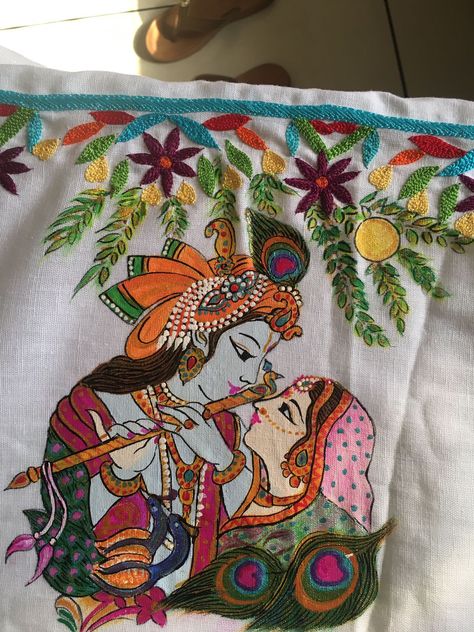 Radha Krishna Hand, Rumal Design, Krishna Hand, Silk Saree Blouse Designs Patterns, Cake Design Inspiration, Fashionable Saree, Handmade Paper Art, Navratri Collection, Painted Clothing