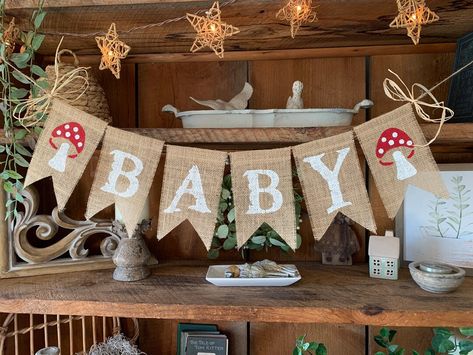 Mushroom Bunting, Enchanted Forest Baby Shower Theme, Mushroom Banner, Forest Baby Shower Theme, Forest Baby Shower Ideas, Enchanted Forest Baby Shower, Burlap Baby Showers, Fairy Baby Showers, Forest Baby Showers