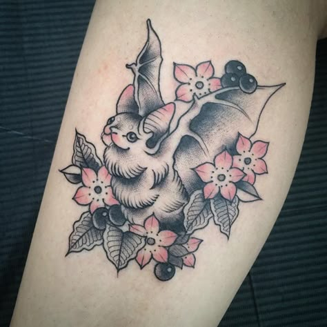 🦇🌸 baby bat #girlytattoos #legtattoo #tattoo #battattoo #neotraditional #neotraditionaltattoo #flowertattoo #cute Traditional Tattoo Flowers, Bat Tattoo, Traditional Tattoo Sleeve, Witch Tattoo, Fire Tattoo, Spooky Tattoos, Sternum Tattoo, Girly Tattoos, Halloween Tattoos