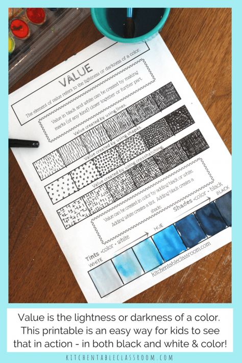 The element of value in art is all about the lightness or darkness of a color; be it black or any other color. Value is an easy concept to teach and learn! Color Value, Classe D'art, High School Art Lessons, 6th Grade Art, 4th Grade Art, Jr Art, Value In Art, Art Worksheets, Principles Of Art