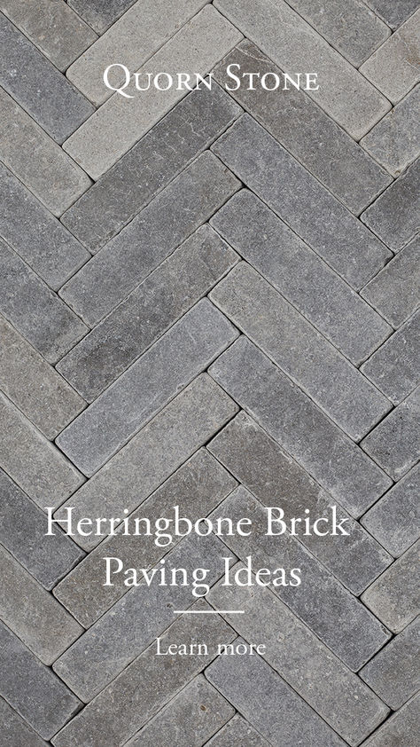 Grey brick cobbles in a herringbone formation Herringbone Concrete Patio, Paver Herringbone Pattern, Brick Paver Walkway Ideas, Herringbone Bluestone Patio, Herringbone Brick Front Porch, Herringbone Brick Driveway, Herringbone Porch Floor, Herringbone Garden Paving, Herringbone Outdoor Patio