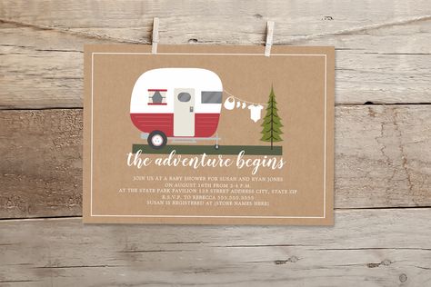 Adventure Red Trailer Camper Woodland Baby Shower Invitation Adventure themed neutral baby shower with illustration of red and white retro vintage camper trailer with baby clothes hanging on clothesline connected to evergreen tree. Background is brown card stock inspired. Pink Trailer, Unique Baby Shower Themes, Blue Baby Shower Invitations, Adventure Baby Shower, Tree Background, Camping With A Baby, Clothes Hanging, The Adventure Begins, Trailer Camper