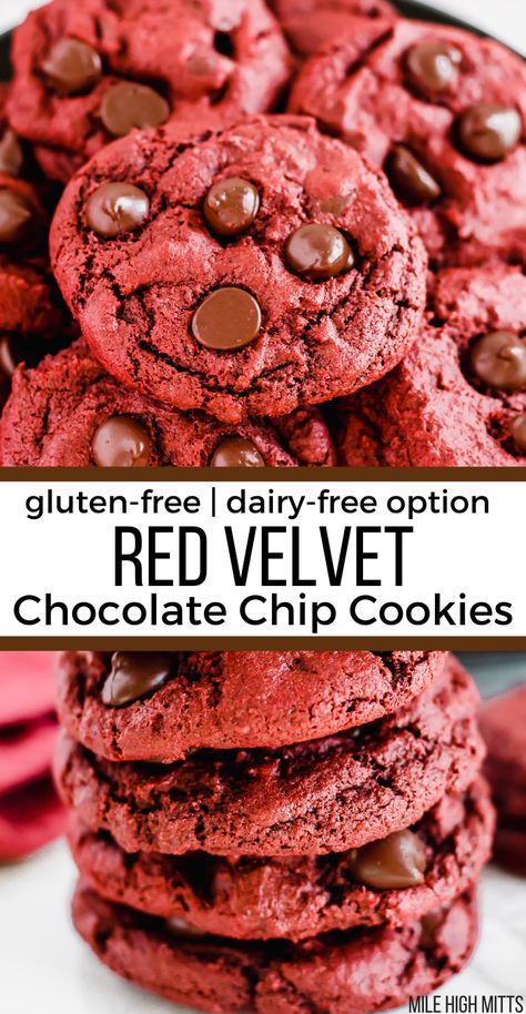 Red Velvet Chocolate Chip Cookies, Gluten Free Christmas Desserts, Gluten Free Cookies Easy, Thick Cookies, Gluten Free Valentines, Red Velvet Chocolate, Gluten Free Christmas Cookies, Simple Cookie, Dairy Free Cookies