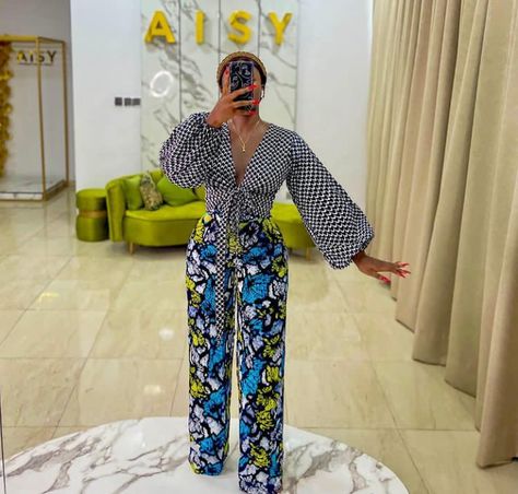 Top And Trousers Outfit Ankara, Wrap Top And Palazzo Pants, Ankara Crop Top Styles, Top Styles For Ladies, Ankara Wrap Top, Ankara Crop Top, Ankara Pants, Native Outfits, Crop Top Styles