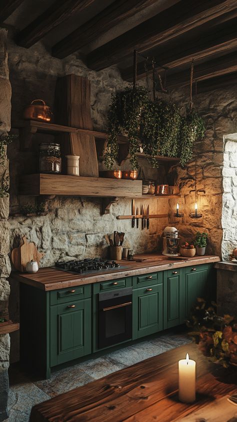 A cozy, dimly lit kitchen with dark green cabinets, copper accents, and a large stone fireplace. Flickering candlelight adds warmth to the room, with rustic wooden countertops and fresh herbs hanging from the ceiling. hd quality, natural look --ar 9:16 --style raw --v 6.1 Moody Kitchen Remodel, Earthy Moody Kitchen, Rustic Moody Kitchen, Green Earthy Kitchen, Wood And Green Interior, Earthy Minimalist Kitchen, Dark Cottage Core Kitchen, Earthy Kitchen Colors, Cottage Core Kitchen Inspiration